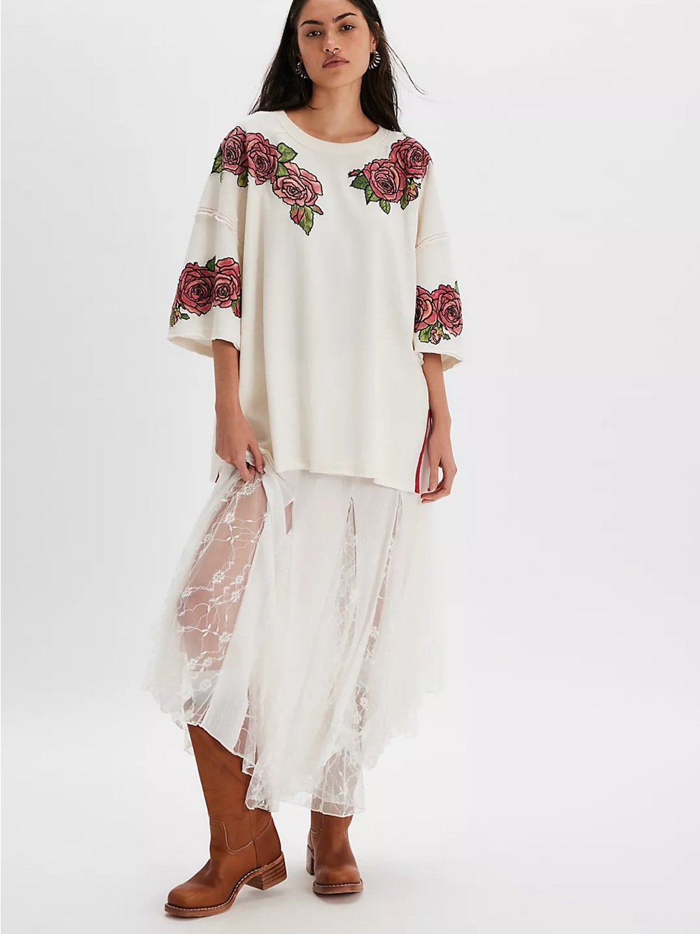 NWT Free People We The Free Edge of Glory Tee XS Floral Applique Oversized Top - Picture 5 of 11